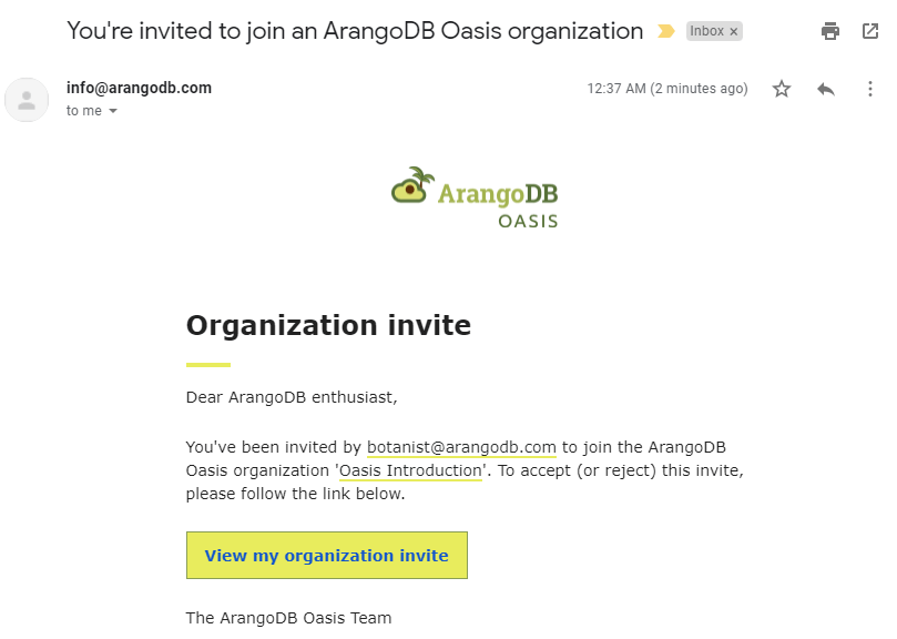 Oasis Organization Invite Email